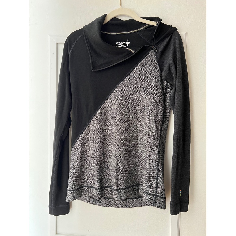 Smartwool Merino 250 Base Layer Top Womens Large Black Gray Asym Zip Funnel Neck
